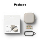 Galaxy Buds 4 Pro / 4 Case | Silicone - Packaging, stone silicone case, adhesive strips, and a black carabiner.
