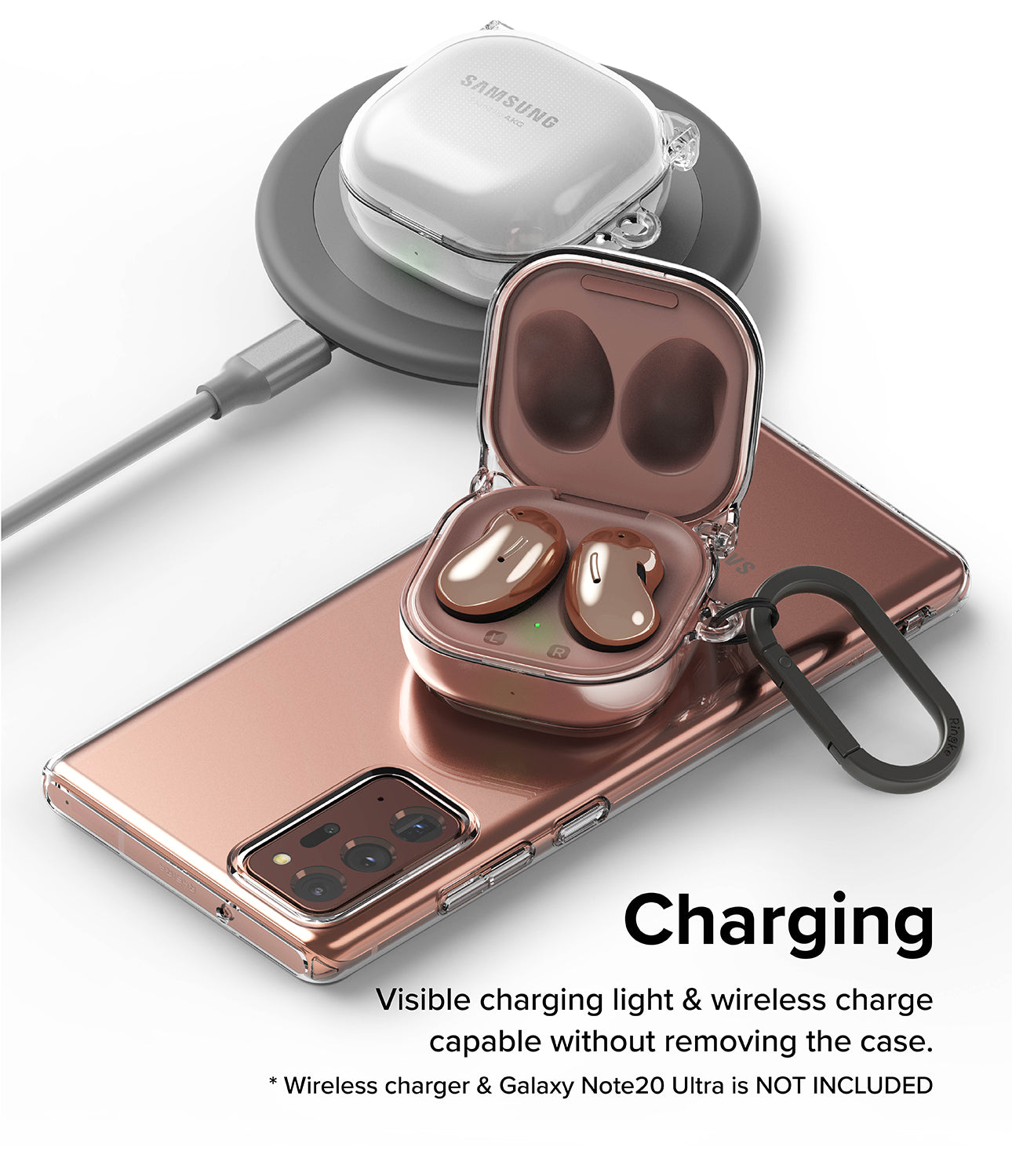 Galaxy Buds FE / 2 Pro / Buds 2 / Galaxy Buds Pro / Live Case | Hinge - Charging. Visible charging light & wireless charge capable without removing the case. Wireless charger is not included.