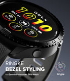 Forerunner 265 | Bezel Styling - Close-up of a black textured metal watch bezel attached to a Garmin Forerunner 265 smartwatch.