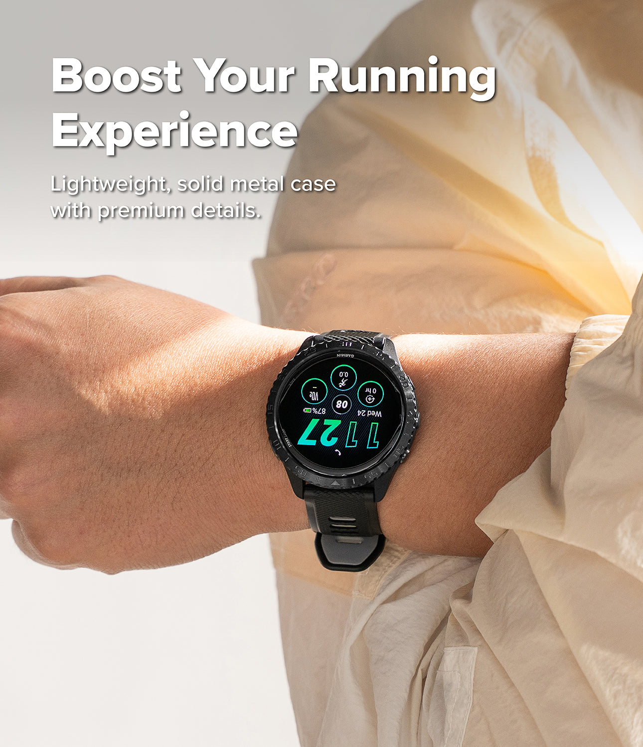 Garmin Forerunner 265 with Ringke Bezel Styling on a person's wrist with text about running experience and product features.
