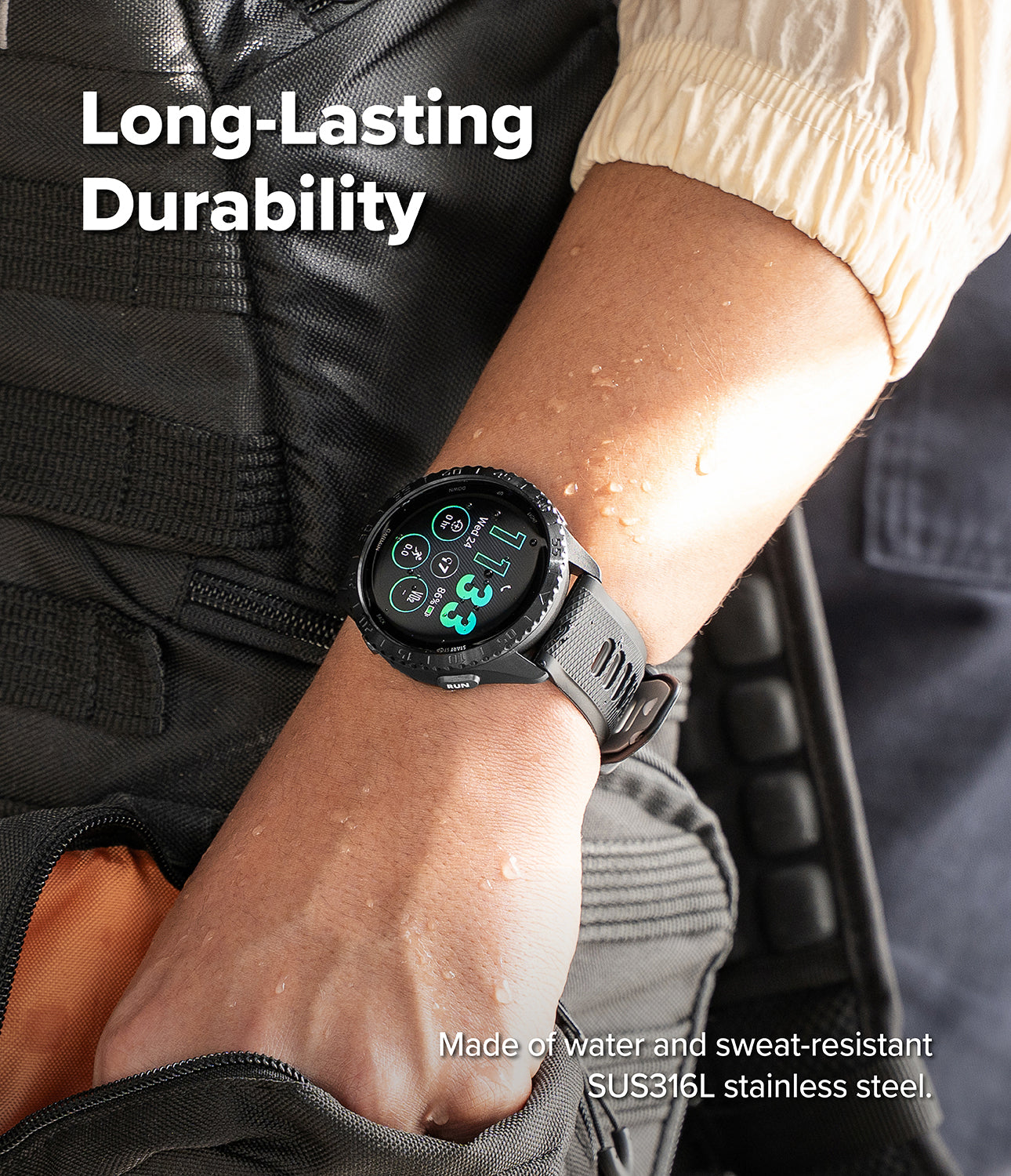 Garmin Forerunner 265 with Ringke Bezel Styling on a person's wrist with text highlighting long lasting durability. Made of water and sweat-resistant SUS316L stainless steel