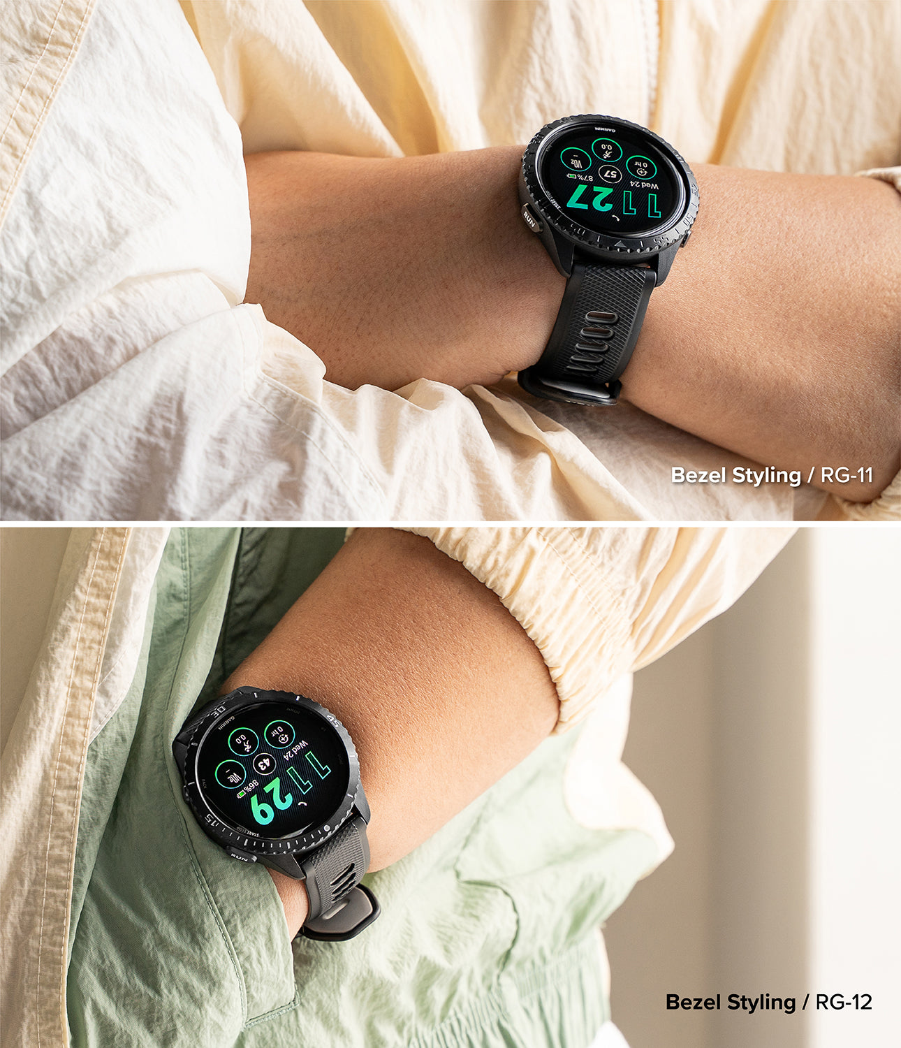 Garmin Forerunner 265 on a wrist with different bezel styles displayed.