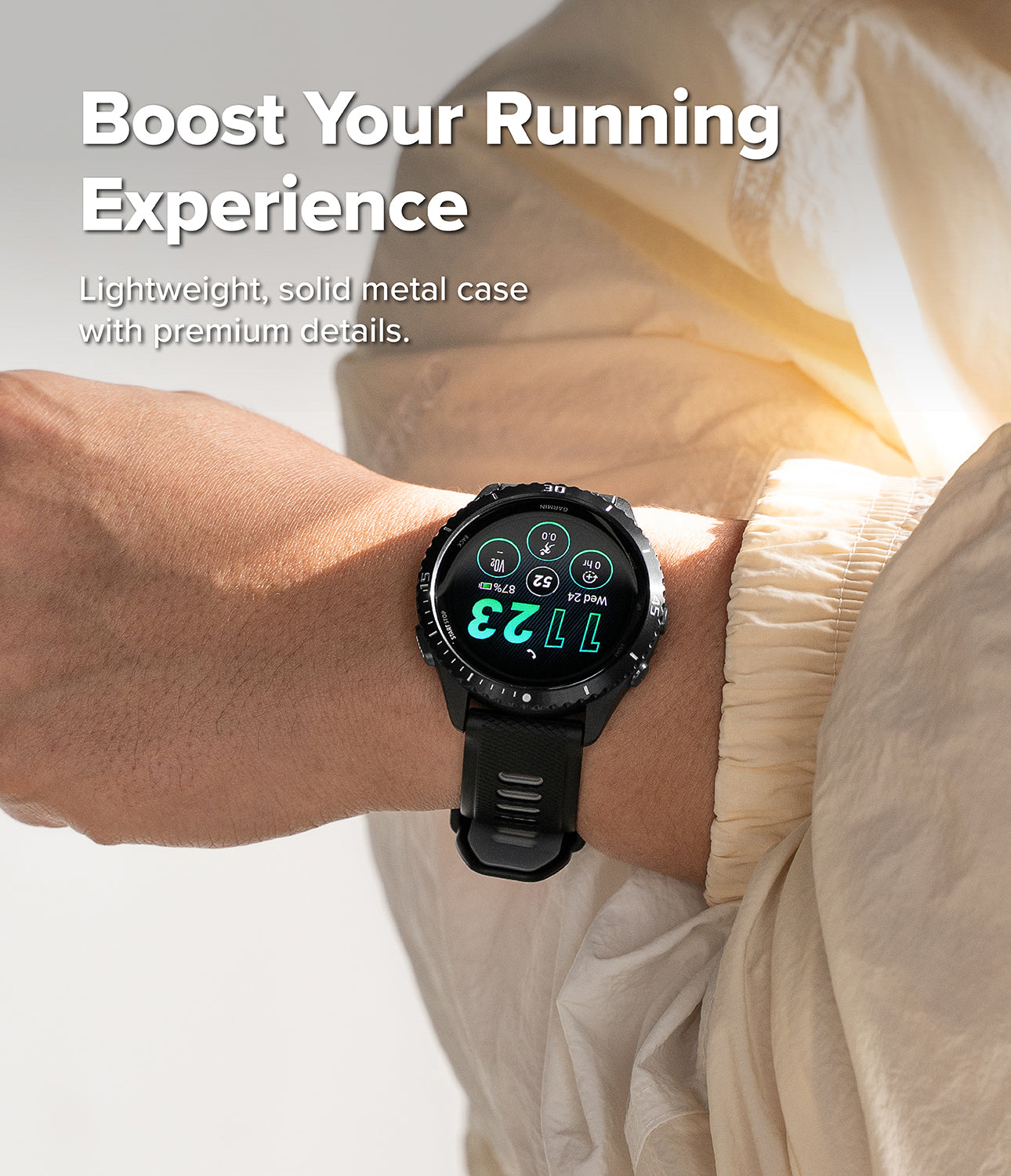 Garmin Forerunner 265 with Ringke Bezel Styling on a person's wrist with text about running experience and product features.