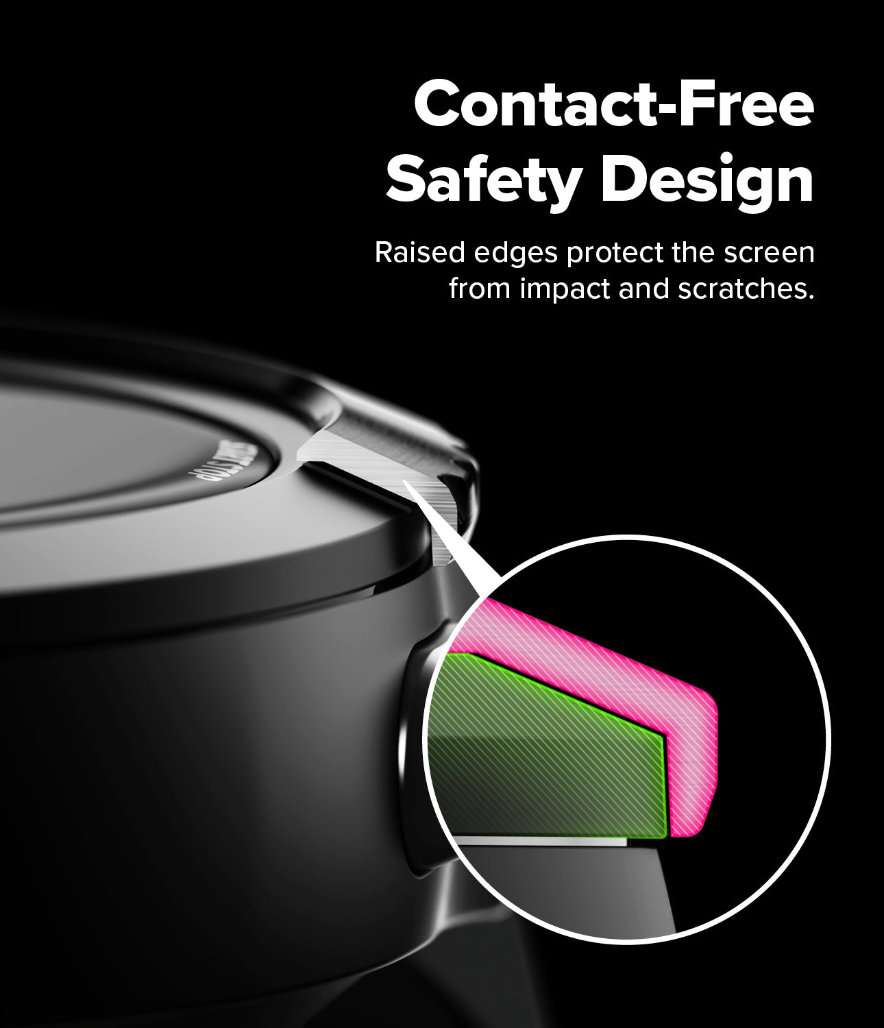 Zoomed-in view of the Ringke Bezel Styling for Garmin Forerunner 265, highlighting its contact-free safety design. Raised edges protect the screen from impact and scratches.