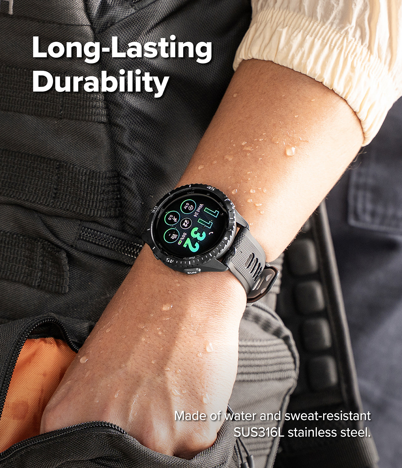 Garmin Forerunner 265 with Ringke Bezel Styling on a person's wrist with text highlighting long lasting durability. Made of water and sweat-resistant SUS316L stainless steel