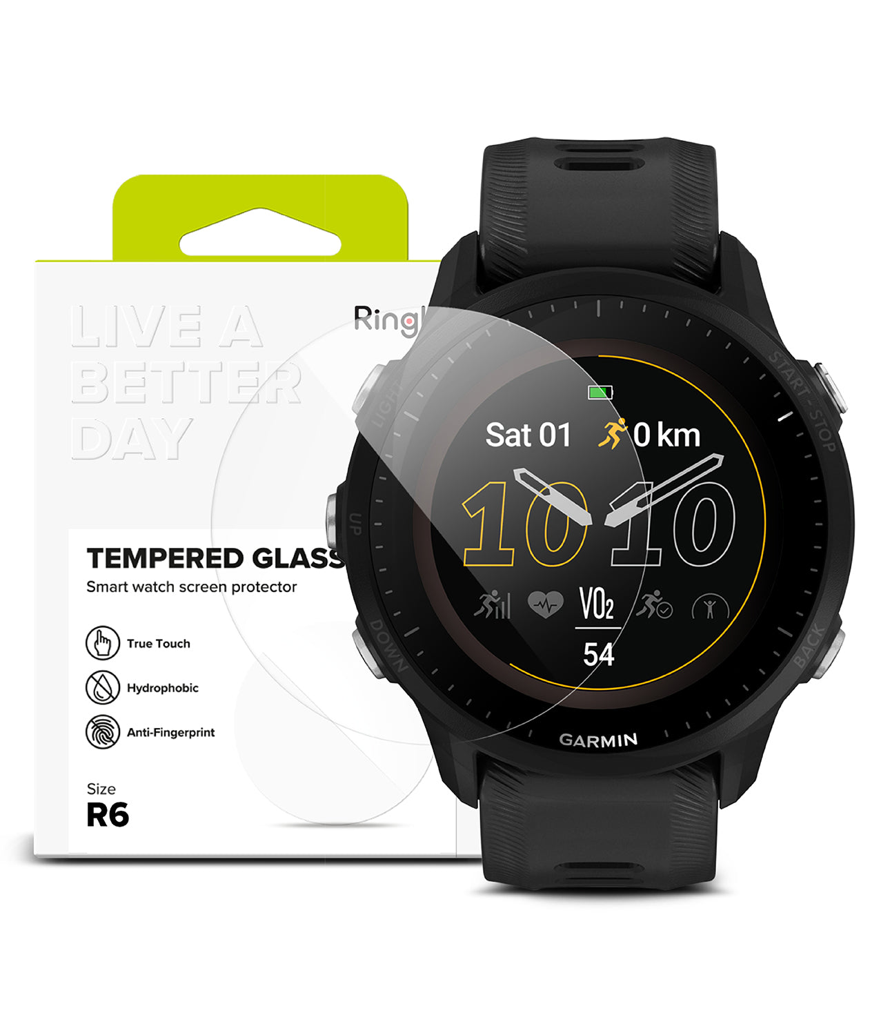 Forerunner 955 Screen Protector | Glass - R6 - Forerunner 955 Screen Protector - Tempered glass film overlaying a black Garmin smartwatch next to its product packaging.