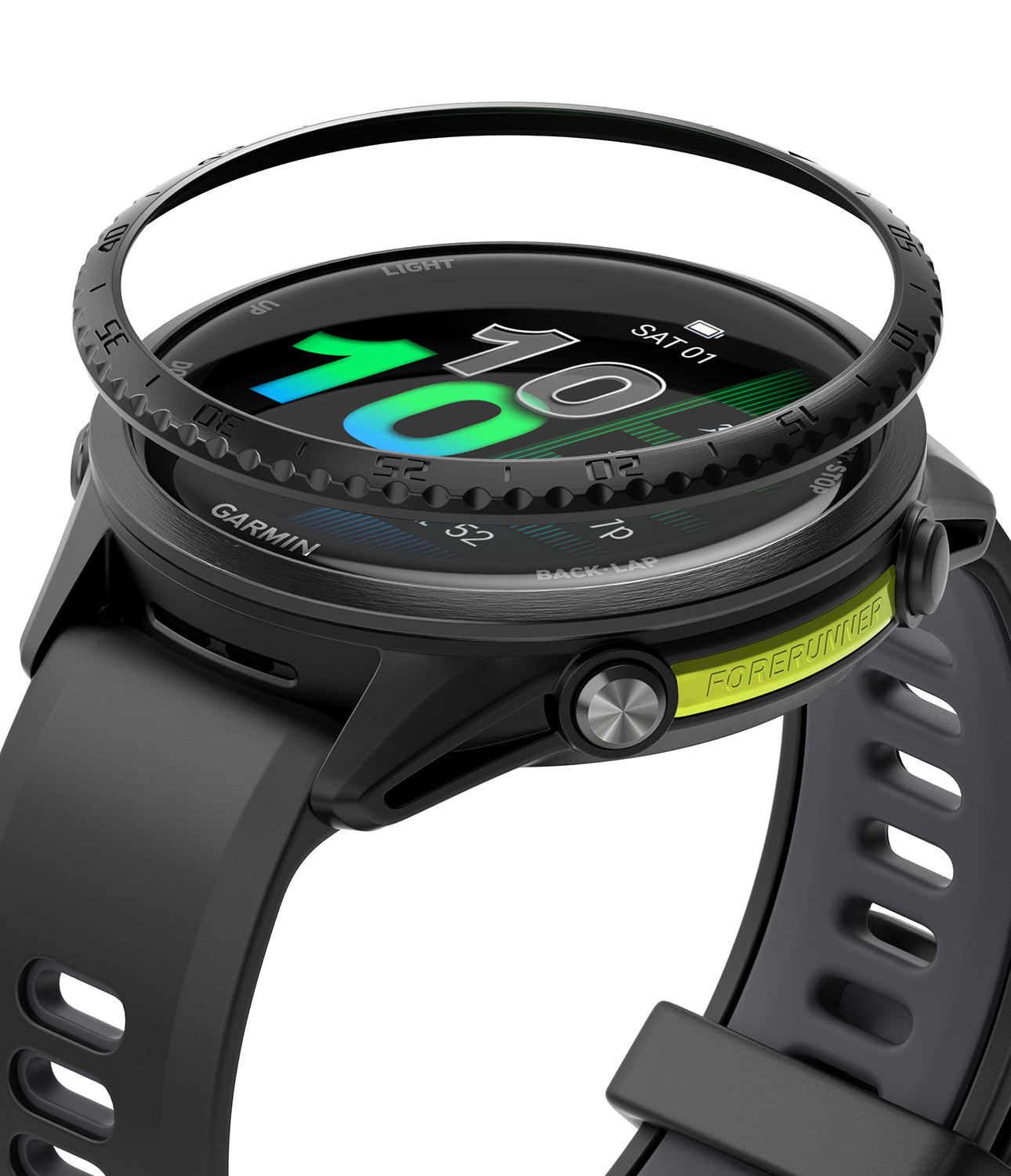 Forerunner 970 | Bezel Styling - Forerunner 970 - A black watch bezel hovering above a Garmin Forerunner smartwatch with a black silicone band.