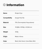 Google Pixel 10a Case | Onyx - Information table listing product name, compatibility, material, size, weight, origin, and color.