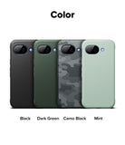Google Pixel 10a Case | Onyx - Four phone cases in black, dark green, camo black, and mint arranged side-by-side.