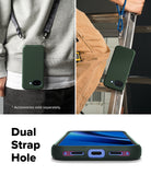 Google Pixel 10a Case | Onyx - Dark green phone case shown worn with straps and highlighting dual strap holes at the base.