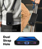 Ringke Onyx Magnetic black rugged phone case for Google Pixel 10a with dual strap hole feature shown on a person, ladder, and phone display.
