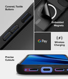 Ringke Onyx Magnetic black rugged phone case for Google Pixel 10a with covered tactile buttons, wireless charging symbol, Google Pay logo, and precise cutouts.