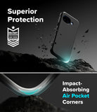 Ringke Onyx Magnetic black rugged case for Google Pixel 10a with 'Superior Protection' and 'Impact-Absorbing Air Pocket Corners' text, featuring a military grade protection logo.