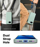 Google Pixel 10a Case | Onyx - Light green phone case with dual strap holes shown worn on a lanyard and from the bottom.