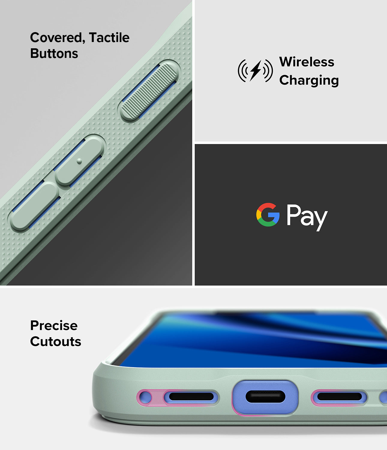 Ringke Onyx mint rugged phone case for Google Pixel 10a with covered tactile buttons, wireless charging symbol, Google Pay logo, and precise cutouts.