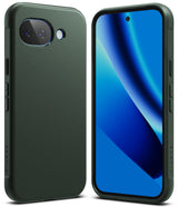 Google Pixel 10a Case | Onyx - Matte dark green phone case shown from back and front with a blue screen display.