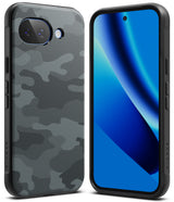 Google Pixel 10a Case | Onyx - Black camouflage textured phone case shown from back and front with a blue screen display.