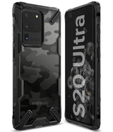 Galaxy S20 Ultra Case | Fusion-X - Black camouflage protective phone case shown from front and back angles.
