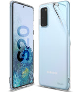 Galaxy S20 Case | Air - Clear protective phone case shown from front and back angles on a light blue Samsung Galaxy S20.