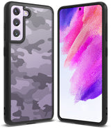 Galaxy S21 FE Case | Fusion - Purple camouflage phone case with black frame shown from back and front views.