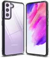 Galaxy S21 FE Case | Fusion - Front and back views of a lavender Samsung phone inside a clear protective case.