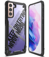 Galaxy S21 Plus Case | Fusion-X Design - Rugged black phone case with clear back featuring bold typography on a purple background.