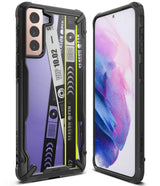 Galaxy S21 Plus Case | Fusion-X Design - Rugged black protective case on a Galaxy S21 Plus with a graphic cassette tape back design.