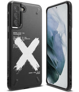 Galaxy S21 Plus Case | Onyx Design - Black phone case with white X graphic and technical text, shown from back and front.