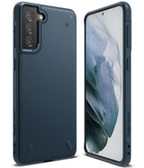 Galaxy S21 Plus Case | Onyx - Navy blue matte protective case shown from back and front angles on a Galaxy S21 Plus.