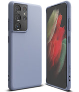 Galaxy S21 Ultra Case | Air-S - Matte lavender phone case shown from back and front angles with a colorful screen display.