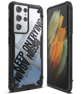 Galaxy S21 Ultra Case | Fusion-X Design - Rugged black phone case with clear back featuring bold typography text.