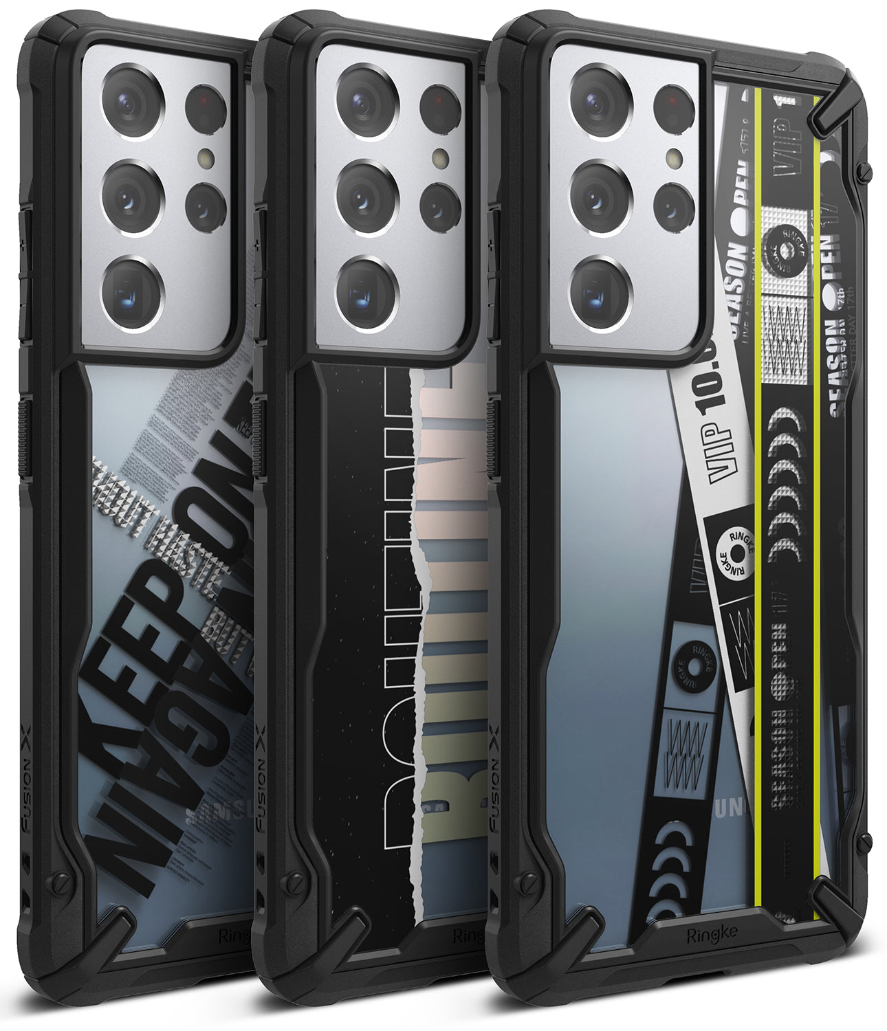 Galaxy S21 Ultra Case | Fusion-X Design - Three Galaxy S21 Ultra phones in rugged black cases with unique graphic back designs.