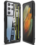 Galaxy S21 Ultra Case | Fusion-X Design - Rugged black phone case with a clear back featuring a graphic insert and front view.