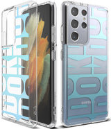 Galaxy S21 Ultra Case | Fusion Design - Clear phone case with blue geometric typography pattern on a Galaxy S21 Ultra.