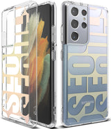 Galaxy S21 Ultra Case | Fusion Design - Clear phone case with large SEOUL typography and gradient colors on a Galaxy S21 Ultra.