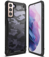 Galaxy S21 Case | Fusion-X - Black camouflage phone case with rugged bumper edges shown from front and back angles.