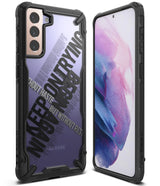 Galaxy S21 Case | Fusion-X Design - Rugged black phone case with clear back featuring bold typography on a Samsung Galaxy S21.
