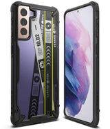 Galaxy S21 Case | Fusion-X Design - Rugged black phone case with a clear back featuring a graphic design on a Galaxy S21.