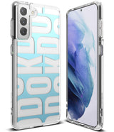 Galaxy S21 Case | Fusion Design - Clear phone case with blue and white geometric typography on the back for Galaxy S21.