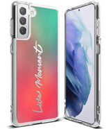 Galaxy S21 Case | Fusion Design - Clear phone case with a red-to-green gradient back and the text "Live Moment" in white.