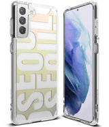 Galaxy S21 Case | Fusion Design - Clear phone case with a large, stylized SEOUL graphic, shown from front and back angles.