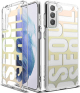 Galaxy S21 Plus Case | Fusion Design - Clear phone case with a large, gradient-colored SEOUL text print on the back.