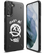 Galaxy S21 Case | Onyx Design - Black phone case with white graffiti-style dead-face icon and text on the back.