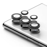 Galaxy S22 Ultra Camera Lens Protector | Camera Lens Frame Glass - Galaxy S22 Ultra Camera Lens Protector - Black circular glass protectors hovering above a white smartphone camera array.