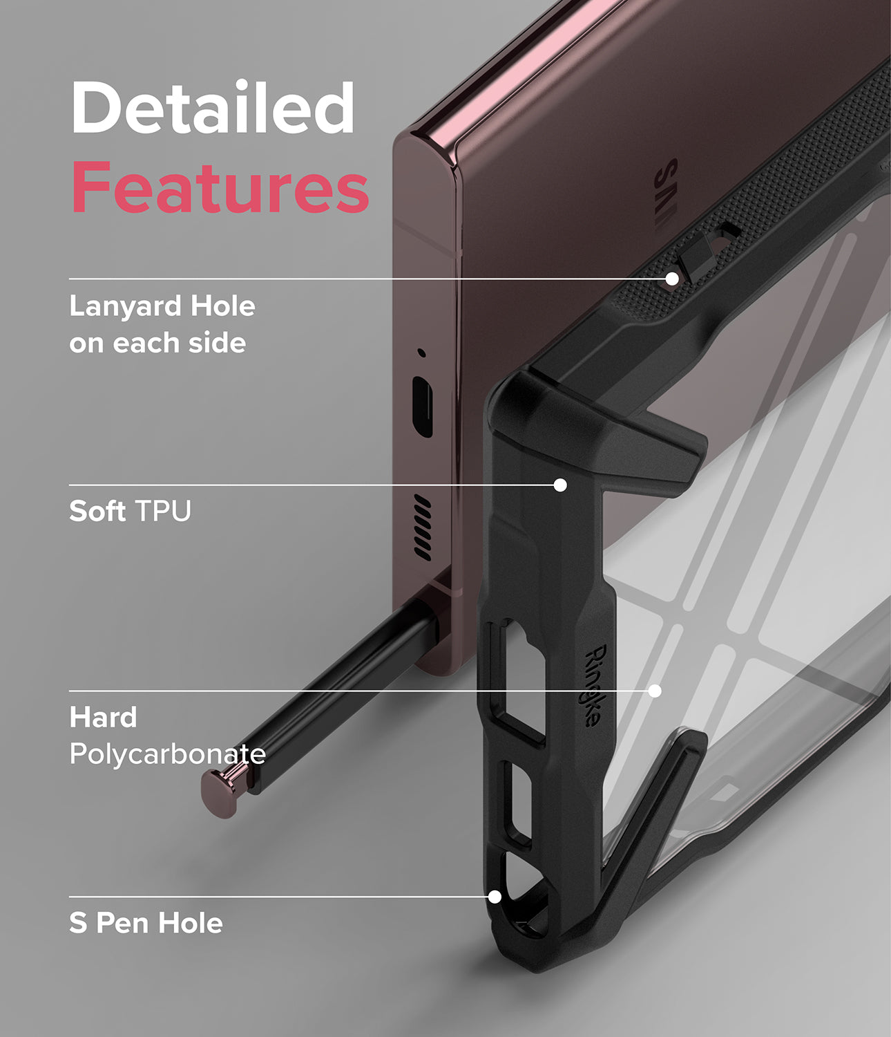 Galaxy S22 Ultra Case | Fusion-X - Black - Detailed Features. Lanyard Holes on each side. Soft TPU. Hard Polycarbonate. S Pen Hole.