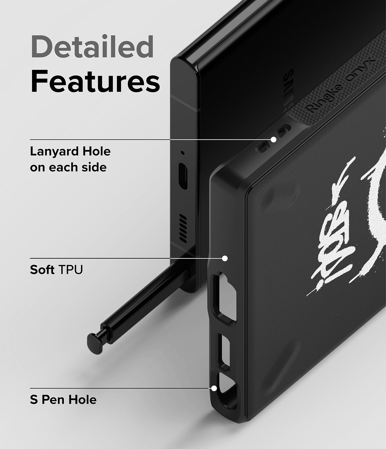 Galaxy S22 Ultra Case | Onyx Design - Graffiti - Detailed Features. Lanyard Hole on each side. Soft TPU. S Pen Hole