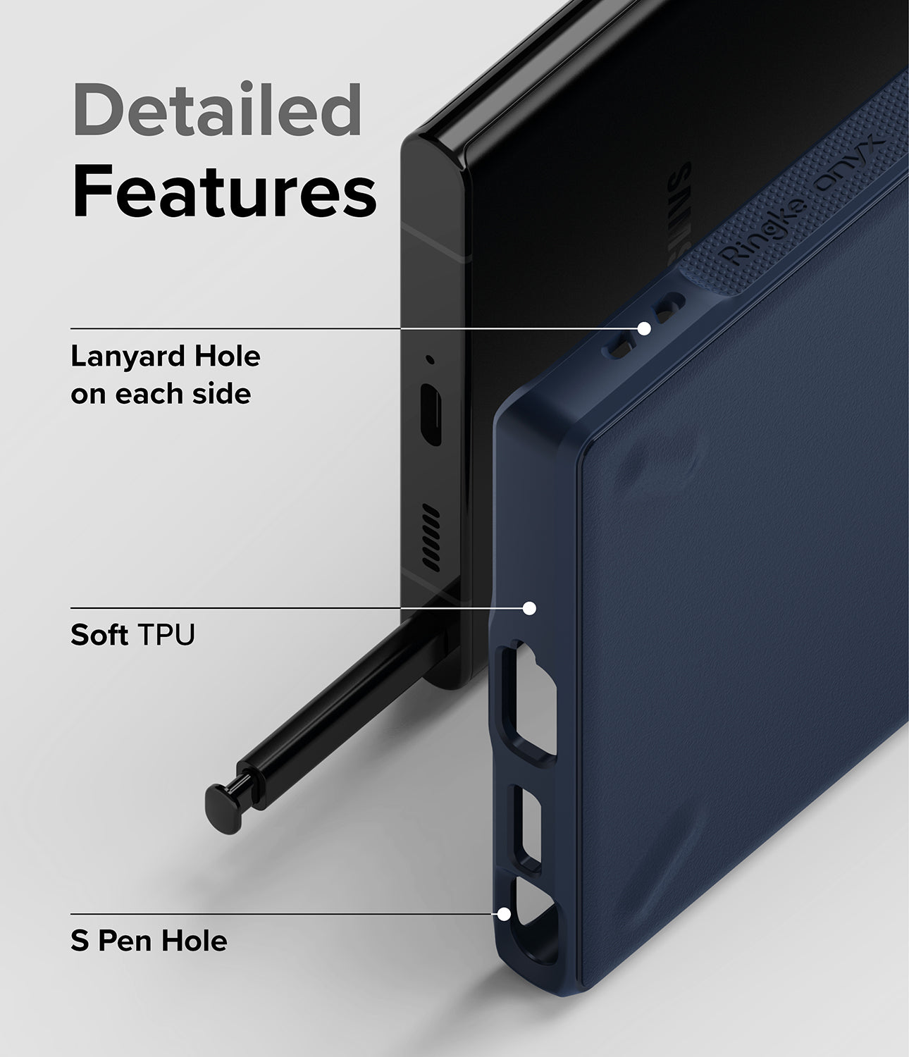 Galaxy S22 Ultra Case | Onyx - Dark Gray - Detailed Features. Lanyard Hole on each side. Soft TPU. S Pen Hole.