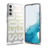 Galaxy S22 Case | Fusion Design - Clear phone case with Seoul typography overlaying a gradient background on a Galaxy S22.