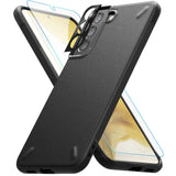Galaxy S22 Plus Case Combo | Onyx Case + Screen Protector + Camera Protector - Galaxy S22 Plus Case Combo - Black textured phone case with a screen protector and camera lens cover floating above.