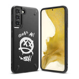 Galaxy S22 Case | Onyx Design - Black phone case with white graffiti-style smiley face and text on a textured back.